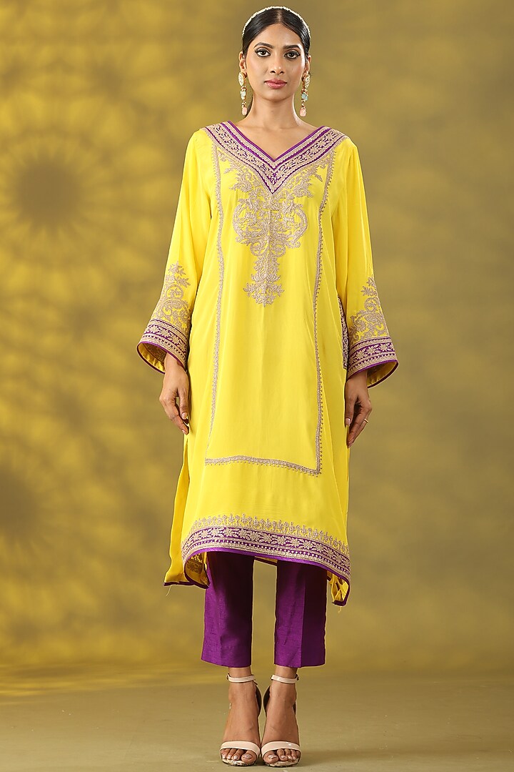 Marigold Yellow Crepe Tilla Embroidered Phiran Kurta Set