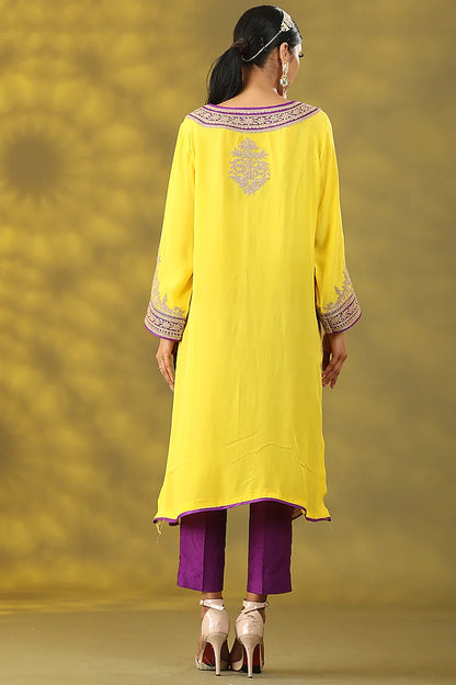 Marigold Yellow Crepe Tilla Embroidered Phiran Kurta Set