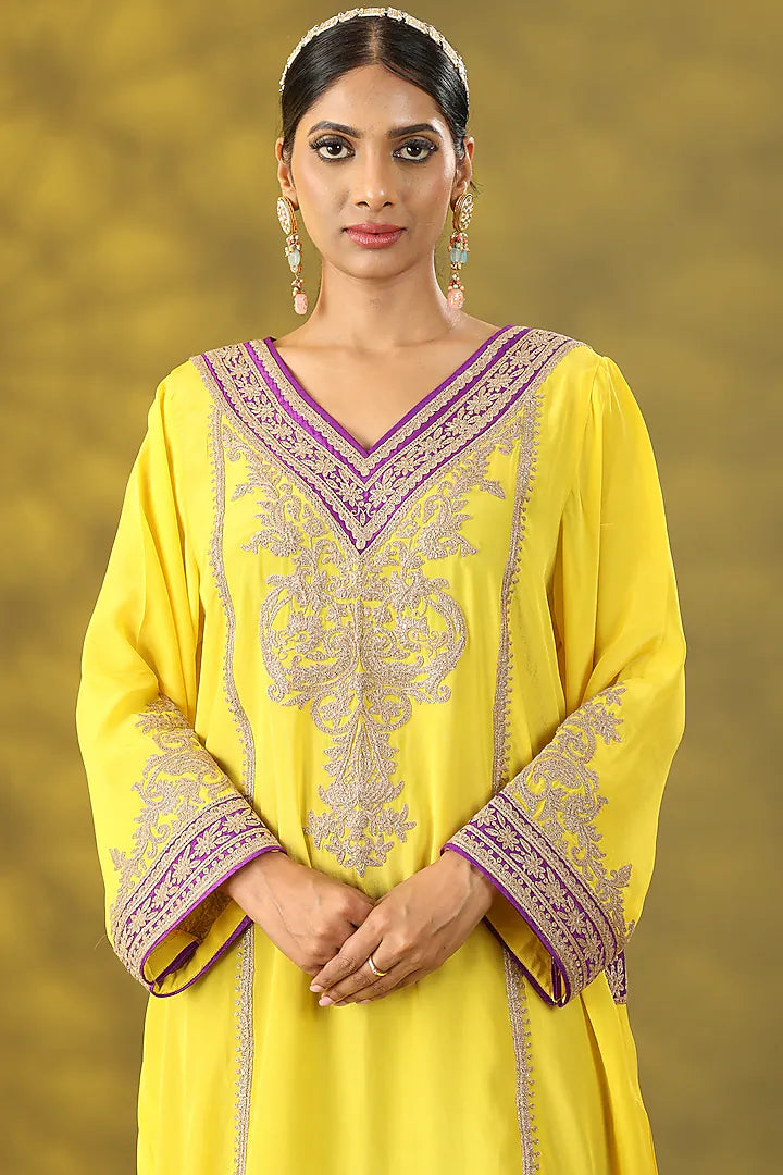 Marigold Yellow Crepe Tilla Embroidered Phiran Kurta Set