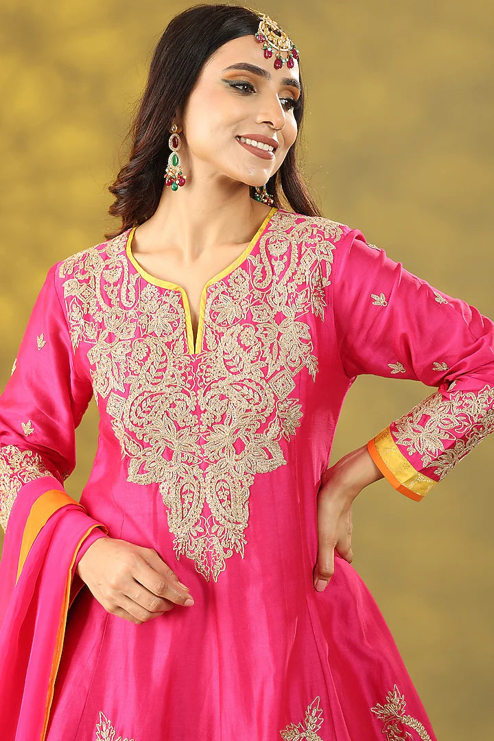 Magenta Chanderi Silk Dori Embellished Anarkali Set
