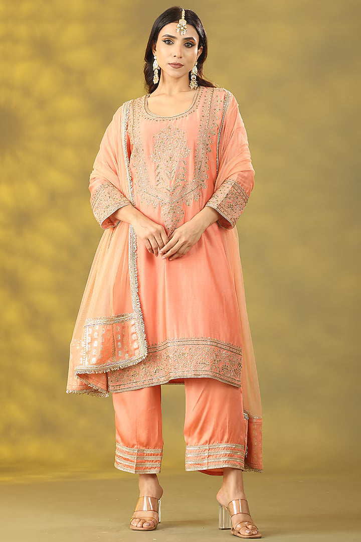 Peach Chanderi Silk Dori Embellished Kurta Set