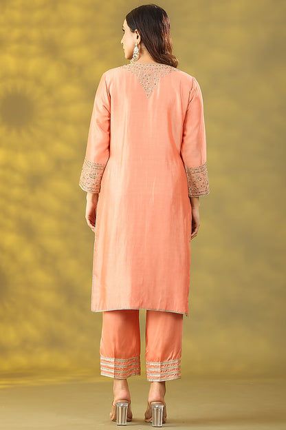 Peach Chanderi Silk Dori Embellished Kurta Set
