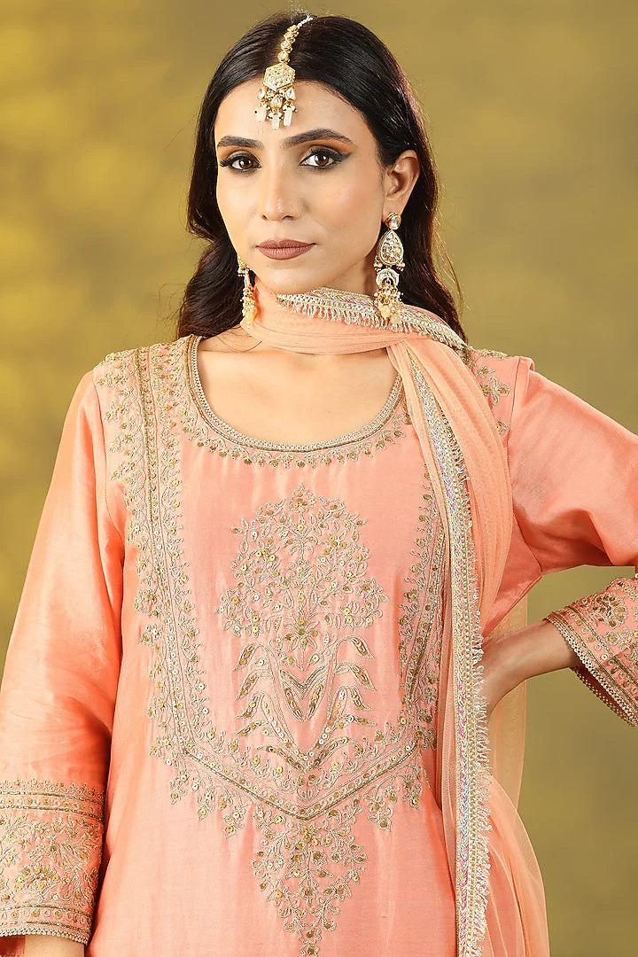Peach Chanderi Silk Dori Embellished Kurta Set