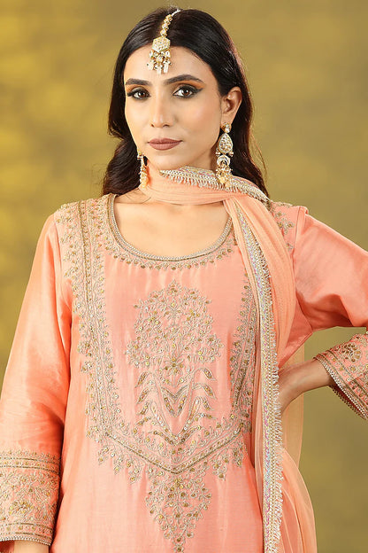 Peach Chanderi Silk Dori Embellished Kurta Set