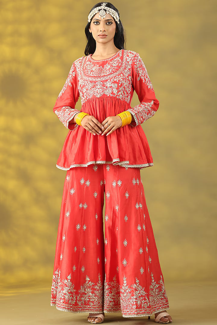 Coral Red Chanderi Silk Sequins Hand Work Sharara Set