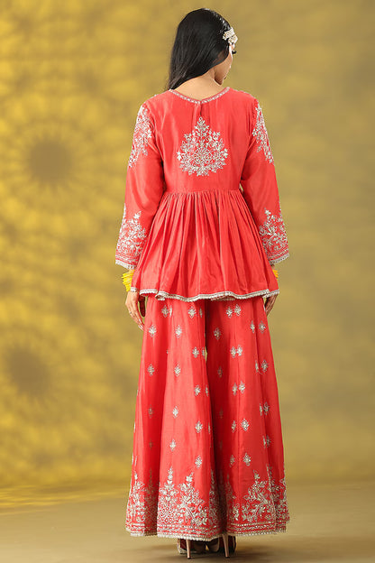 Coral Red Chanderi Silk Sequins Hand Work Sharara Set