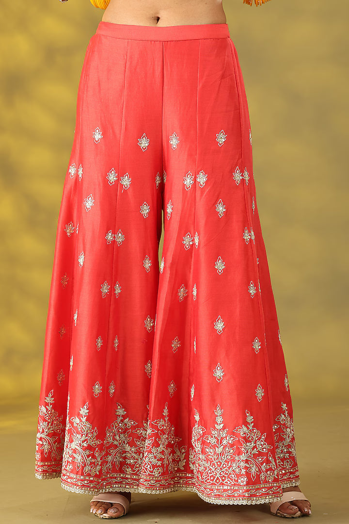Coral Red Chanderi Silk Sequins Hand Work Sharara Set