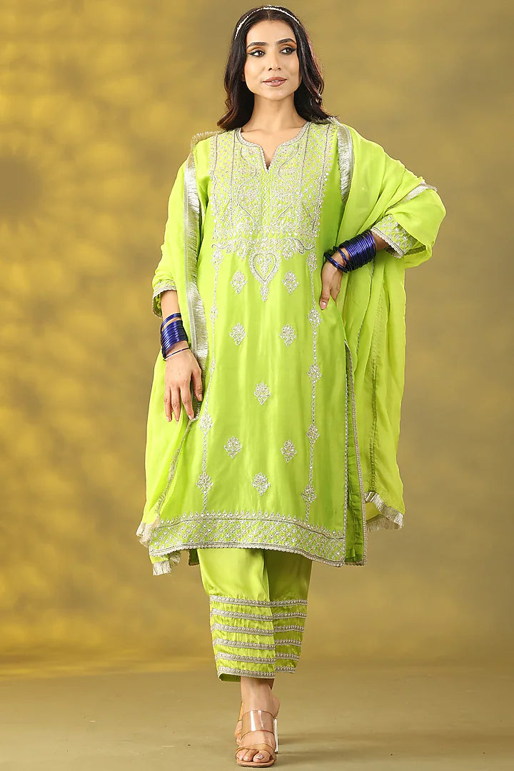 Sublime Green Chanderi Silk Dori Embellished Kurta Set