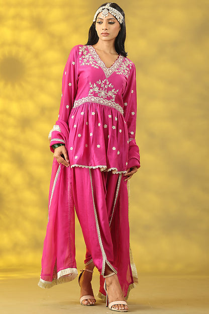 Cerise Pink Chanderi Silk Dori Work Anarkali Set