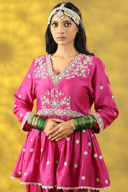 Cerise Pink Chanderi Silk Dori Work Anarkali Set