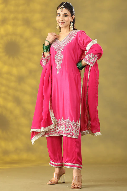 Magenta Chanderi Silk Dori Work Kurta Set