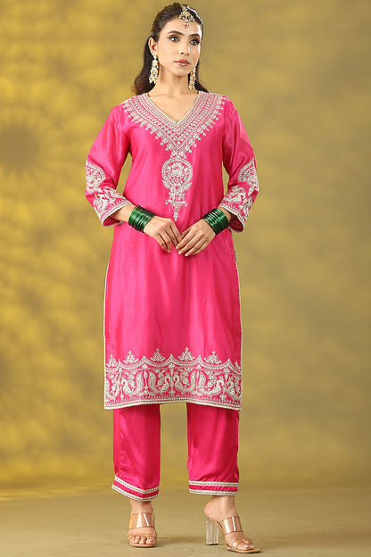 Magenta Chanderi Silk Dori Work Kurta Set
