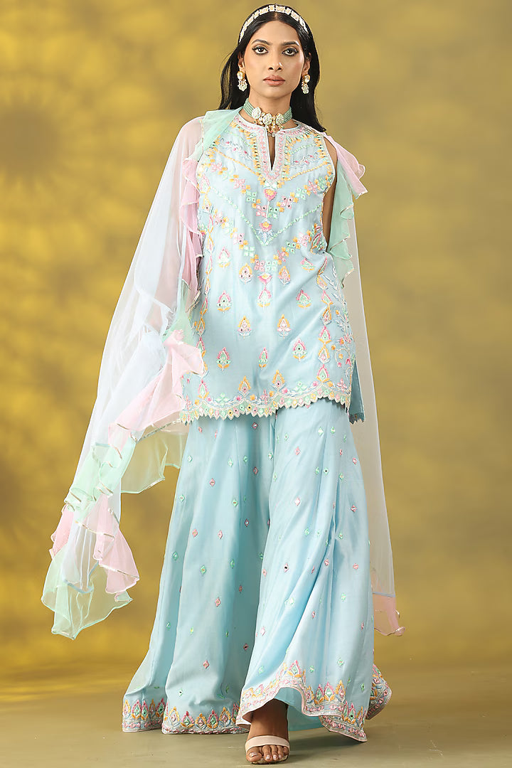 Sky Blue Crepe Mirror & Thread Work Sharara Set