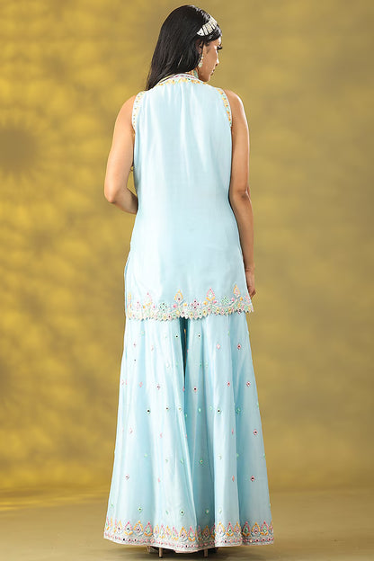 Sky Blue Crepe Mirror & Thread Work Sharara Set