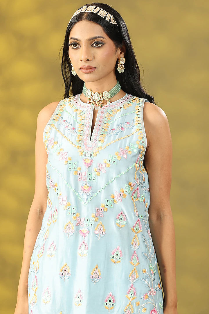 Sky Blue Crepe Mirror & Thread Work Sharara Set