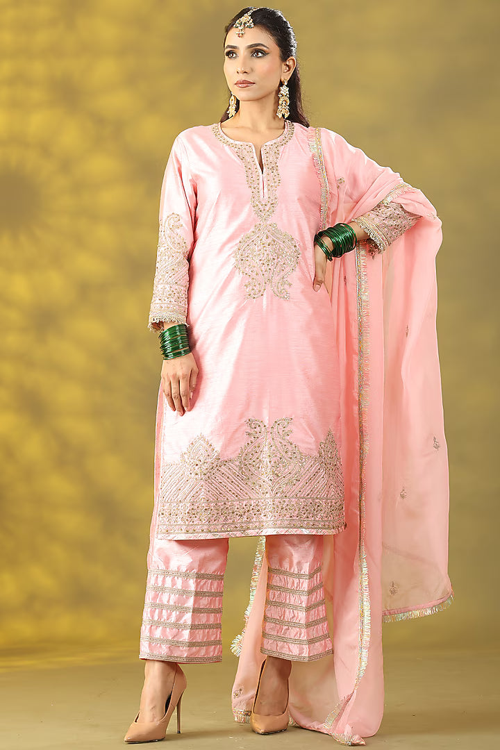 Light Rose Pink Chanderi Silk Dori Work Kurta Set