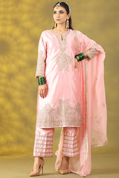 Light Rose Pink Chanderi Silk Dori Work Kurta Set