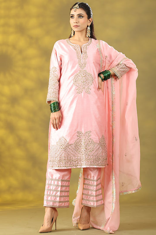 Light Rose Pink Chanderi Silk Dori Work Kurta Set
