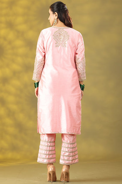 Light Rose Pink Chanderi Silk Dori Work Kurta Set