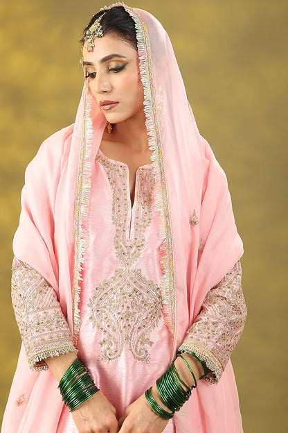 Light Rose Pink Chanderi Silk Dori Work Kurta Set