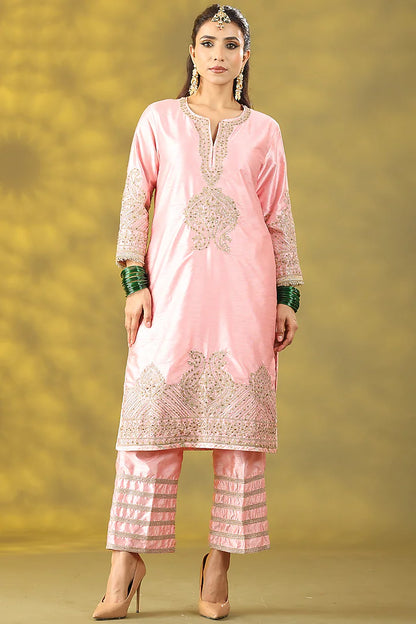 Light Rose Pink Chanderi Silk Dori Work Kurta Set