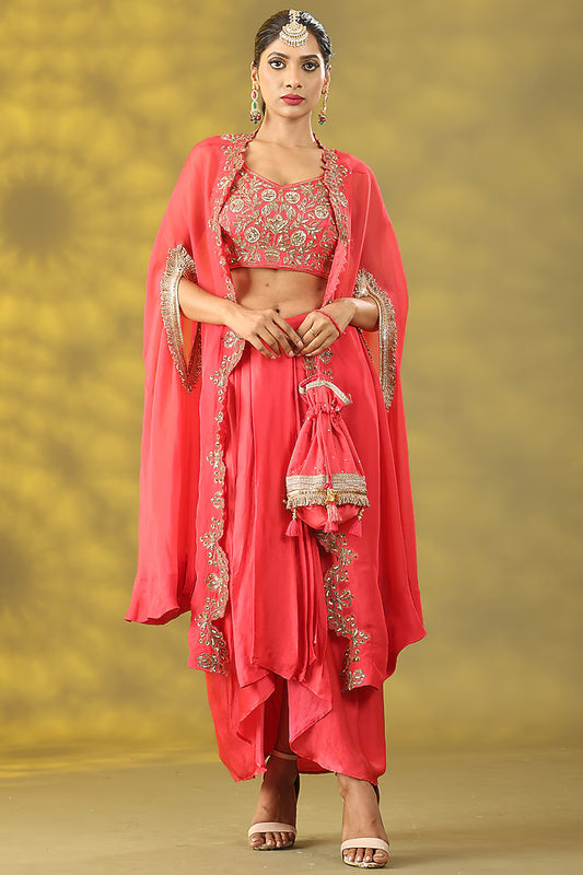 Valentine Red Organza Zardosi Handwork Cape Set