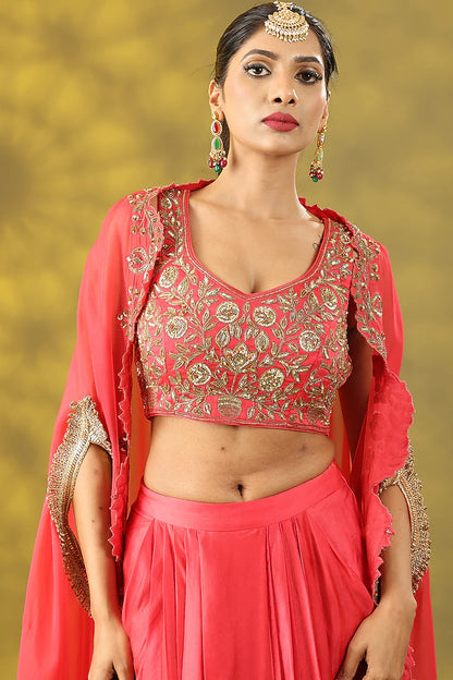 Valentine Red Organza Zardosi Handwork Cape Set