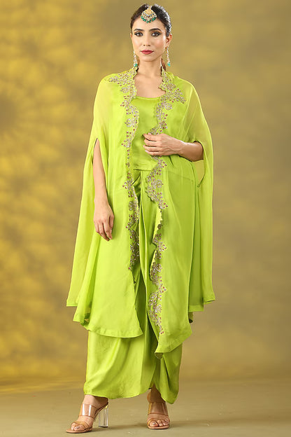 Avocado Green Organza Zardosi Hand Work Cape Set