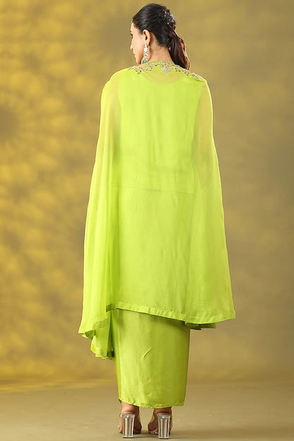 Avocado Green Organza Zardosi Hand Work Cape Set