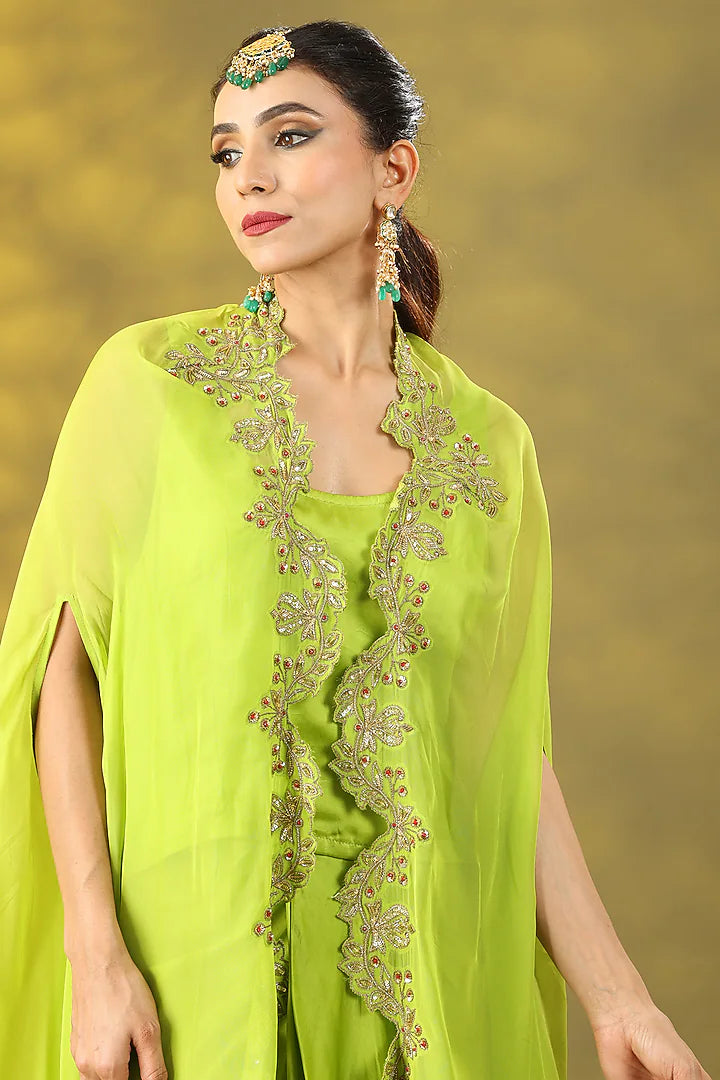 Avocado Green Organza Zardosi Hand Work Cape Set