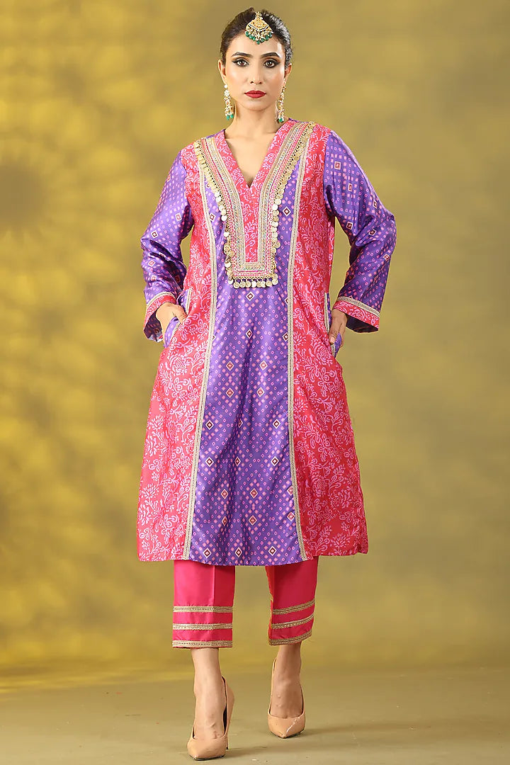 Red & Purple Dupion Digital Printed Kurta Set