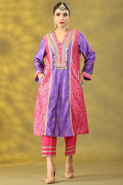 Red & Purple Dupion Digital Printed Kurta Set