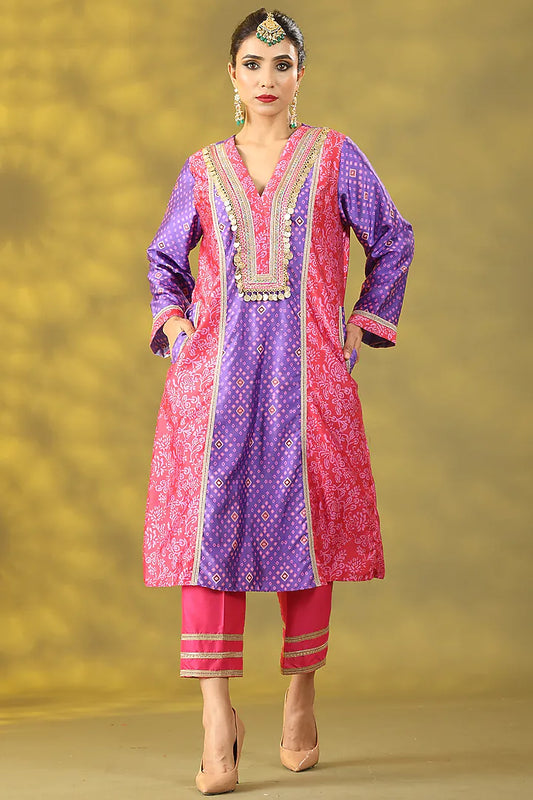 Red & Purple Dupion Digital Printed Kurta Set