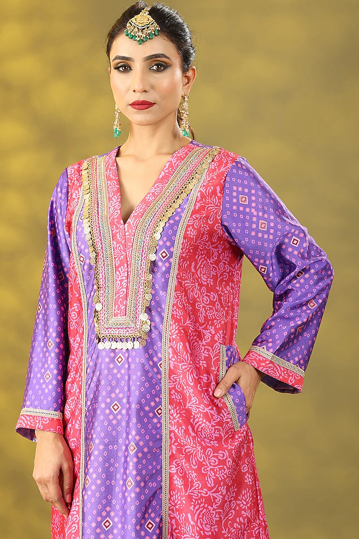 Red & Purple Dupion Digital Printed Kurta Set