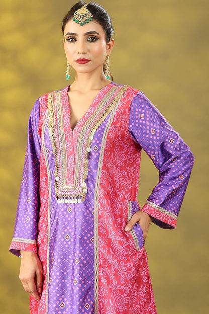 Red & Purple Dupion Digital Printed Kurta Set