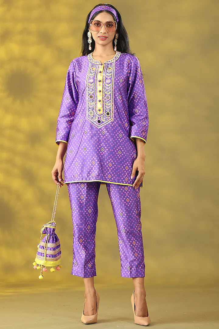Purple Dupion Printed & Embroidered Co-ord Set