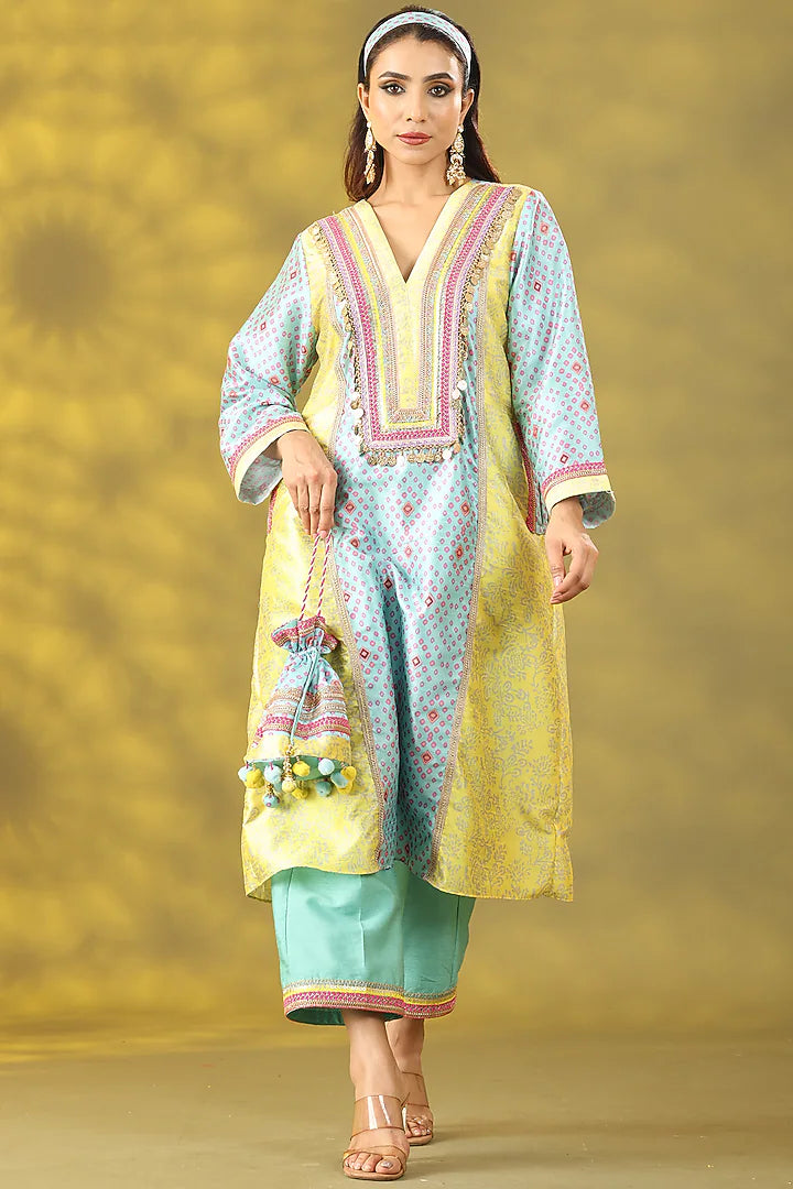 Marigold Yellow & Sky Blue Dupion Digital Printed Kurta Set