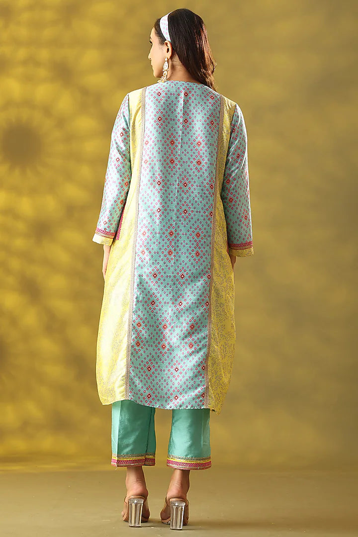 Marigold Yellow & Sky Blue Dupion Digital Printed Kurta Set