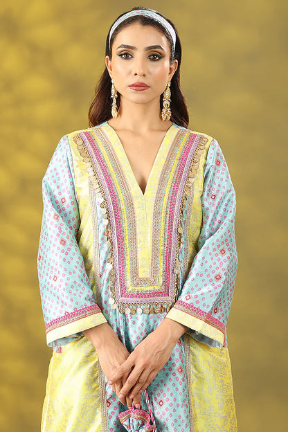Marigold Yellow & Sky Blue Dupion Digital Printed Kurta Set