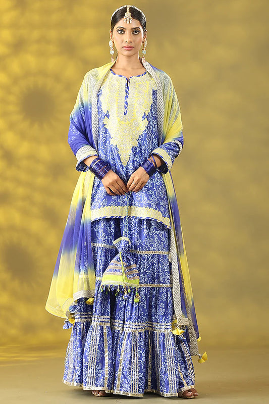 Dusty Blue Dupion Nakshi Gota Embroidered Gharara Set