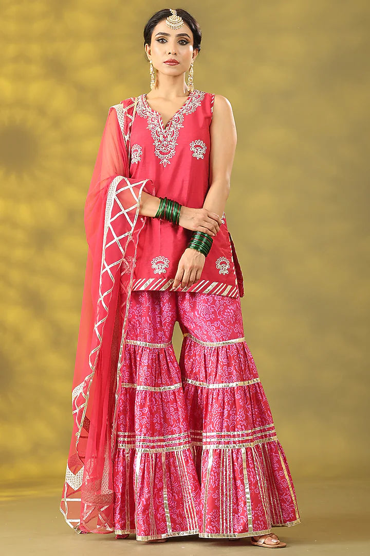 Rose Red Dupion Printed Gharara Set