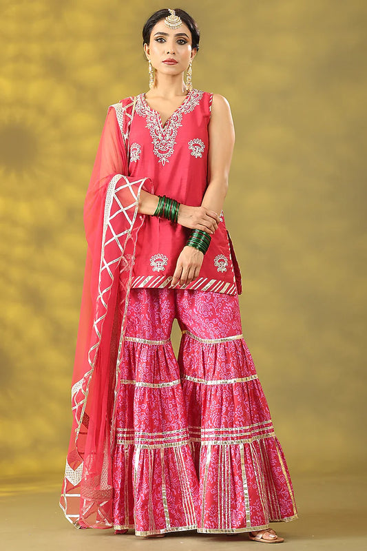 Rose Red Dupion Printed Gharara Set