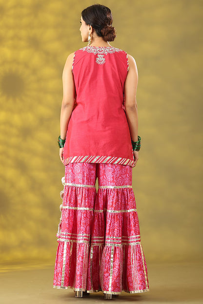 Rose Red Dupion Printed Gharara Set