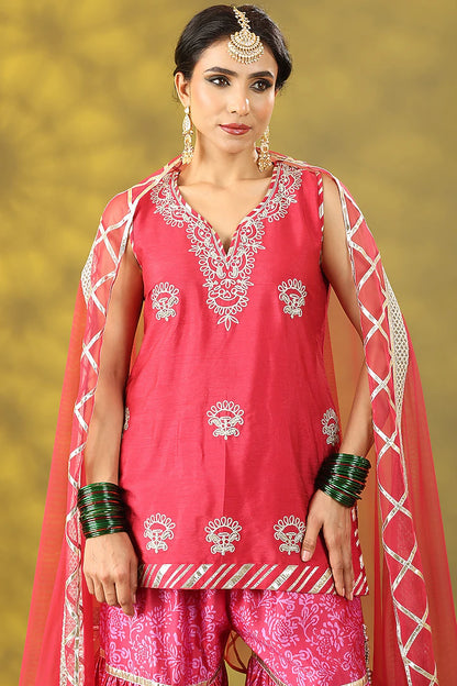 Rose Red Dupion Printed Gharara Set