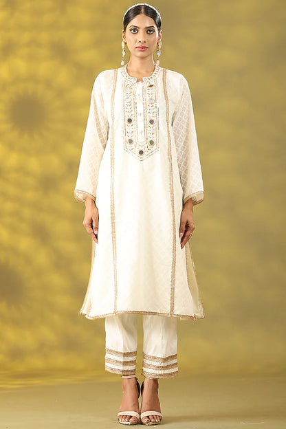 Off-White Cotton Chanderi Mirror Embroidered Kurta Set