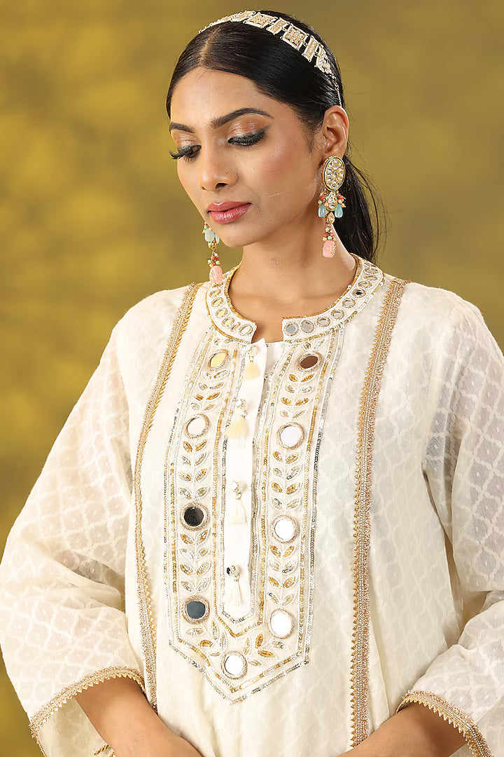 Off-White Cotton Chanderi Mirror Embroidered Kurta Set