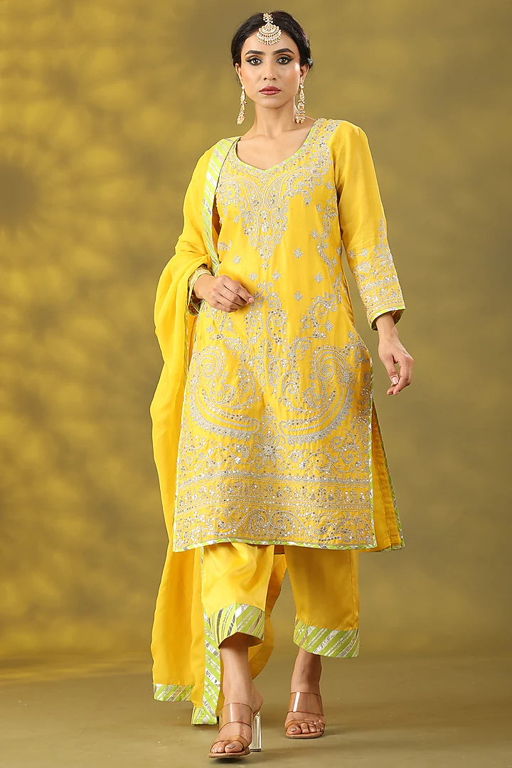 Bright Yellow Chanderi Silk Aari Embroidered Kurta Set