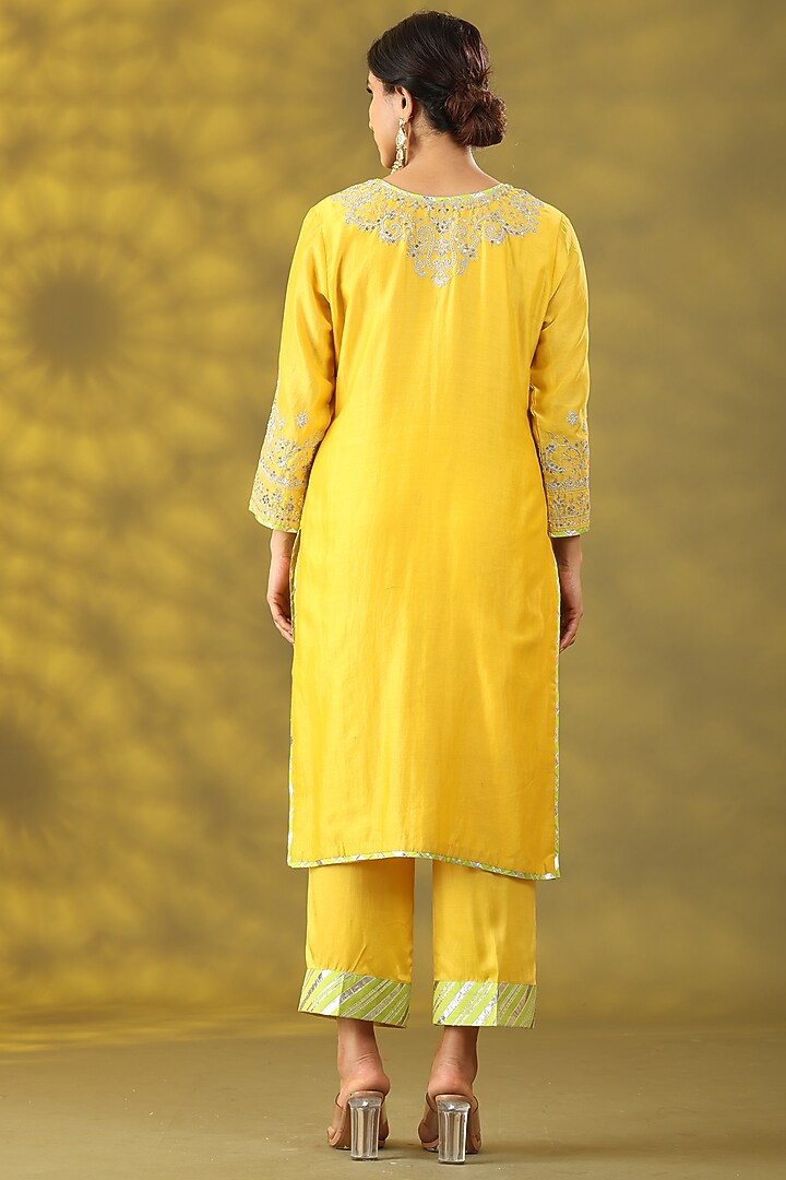 Bright Yellow Chanderi Silk Aari Embroidered Kurta Set