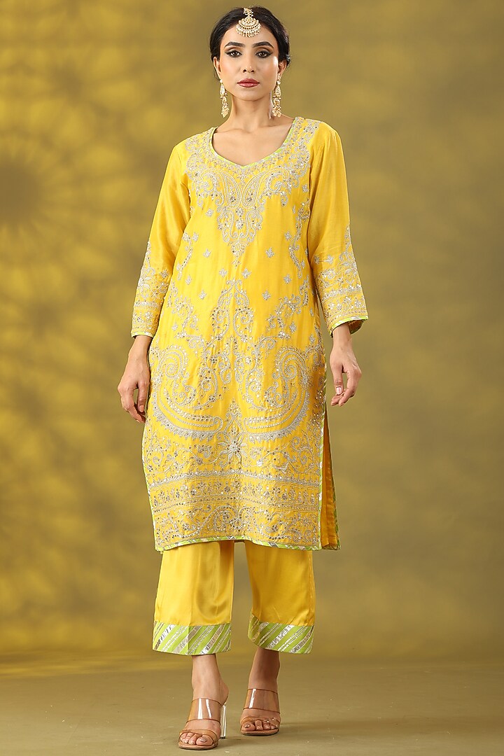 Bright Yellow Chanderi Silk Aari Embroidered Kurta Set