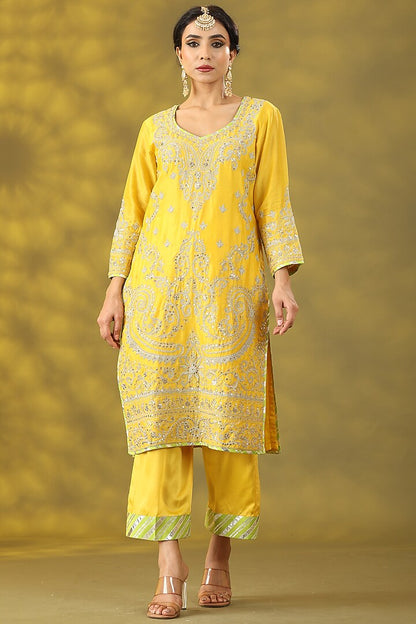 Bright Yellow Chanderi Silk Aari Embroidered Kurta Set
